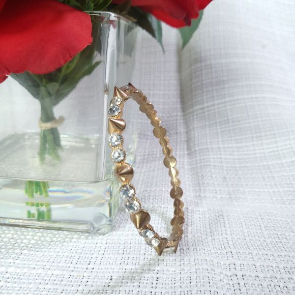 Gold Color Spike Bracelet Bangle With Sparkly Rhinestones Punk Rock Goth Alt - Picture 3 of 5